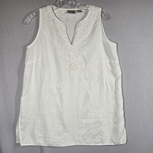 VTG Chico's Linen Tank Embroidered With Beaded Embellishments Size Medium White
